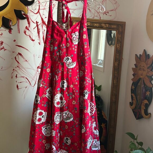 Vibrant Red Skull Pattern Mini Dress L - Picture 14 of 16